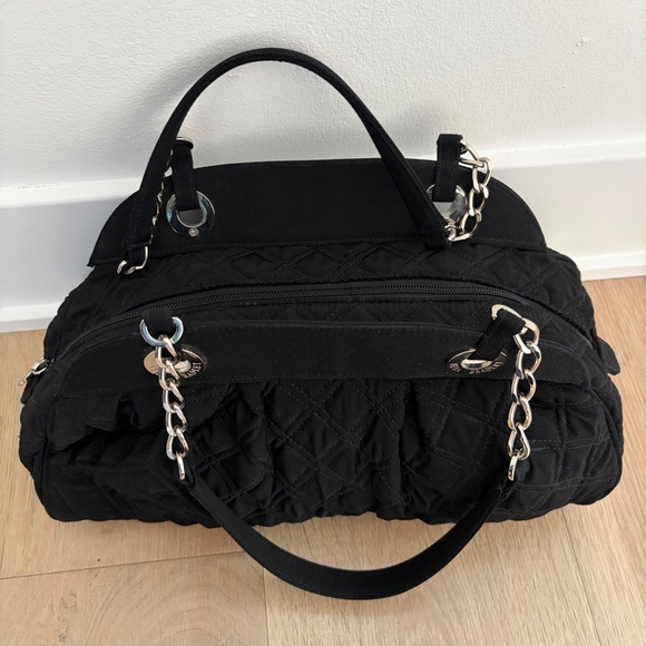 Vera Bradley Black Quilted Shoulder Bag Silver Chain Straps Zip Top - Picture 6 of 7